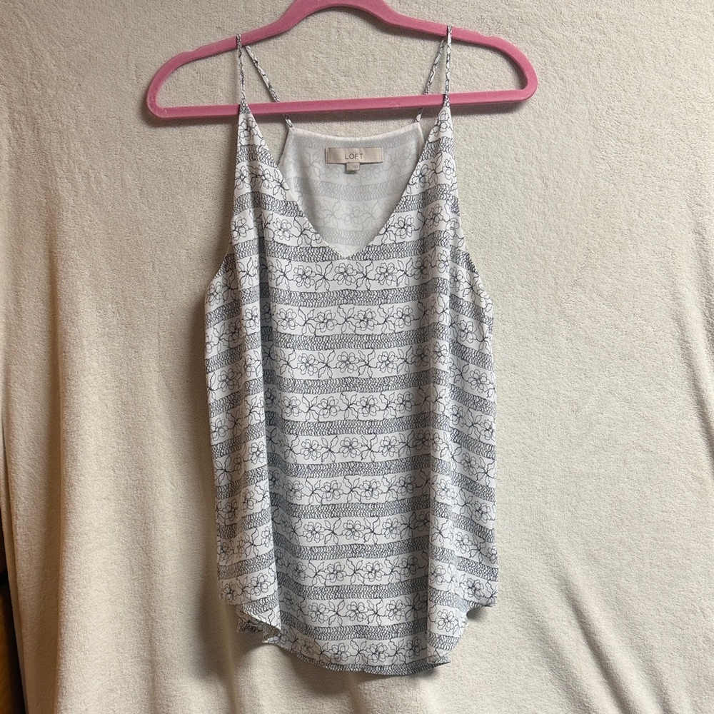 LOFT White and Black Floral Stripe Spaghetti Strap Camisole